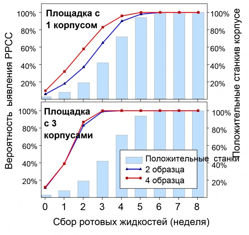 Рисунок 1.&nbsp; Выявление вируса РРСС с помощью фиксированной выборки.&nbsp; Вероятность выявления &ge; 1 положительных по вирусу РРСС образцов в зависимости от количества ротовых жидкостей, отобранных в корпусе (2 или 4) и количества корпусов на площадке (1 или 3).&nbsp; Обратите внимание, что возможность выявления возрастает геометрически при увеличении количества тестируемых корпусов. Данные получены от&nbsp; Rotolo и др., (2017). 
